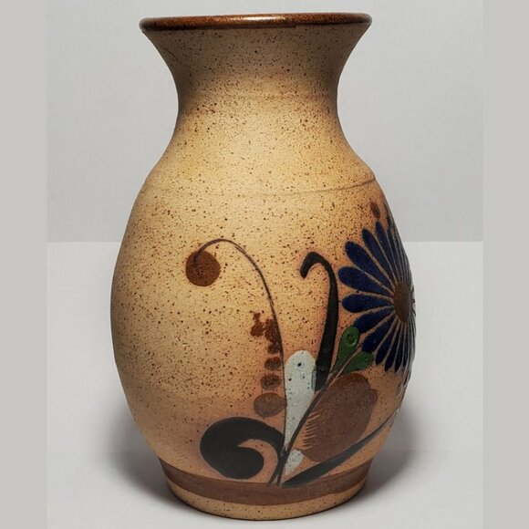 Vintage Tonala Hand Painted Mexican Floral Sandstone Pottery Vase Singed S MEX - Picture 3 of 7